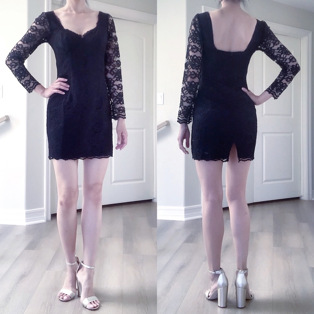 Gorgeous Vintage Moda Intl 1980s Black Lace Long Sleeve Cocktail Dress